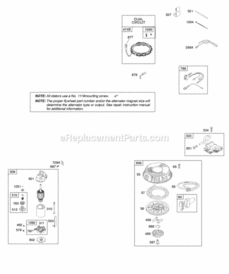 Alternator Electric Starter Ignition Diagram and Parts List for 217702-0111-B1  Briggs and Stratton Engine